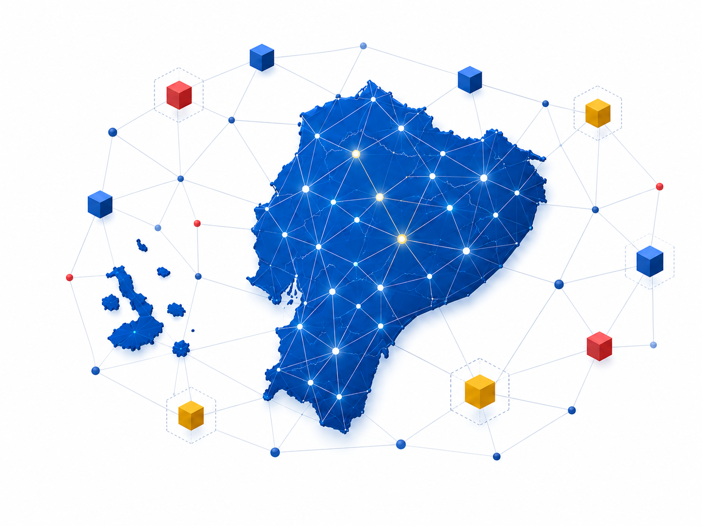 Mapa del Ecuador con nodos digitales territoriales conectados